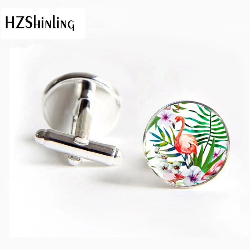 

2018 New Fashion Green Plant Men Cuff Jewelry High Quality Glass Round Tropic Tree Flamingo Bird Flower Cufflinks Gifts