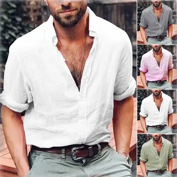 

Hirigin Men Linen Long Sleeve Shirt Summer Cool Loose Casual Shirts V-Neck Tops