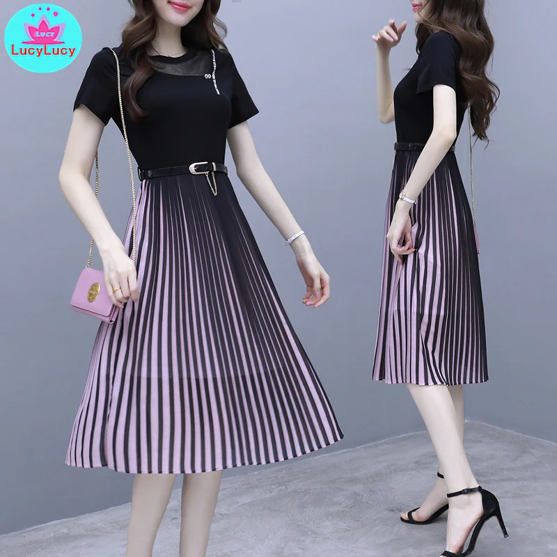 

2019 new summer Slim thin temperament dress female Regular Knee-Length Short Pleated belt Regular