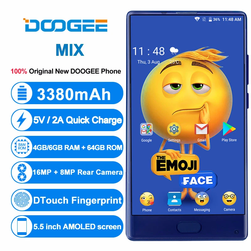 DOOGEE MIX Смартфон Android 7,0 две камеры 5,5 дюймов AMOLED MTK Helio P25 Восьмиядерный 6 ГБ+ 64 ГБ LTE 3380 мАч 16,0 Мп