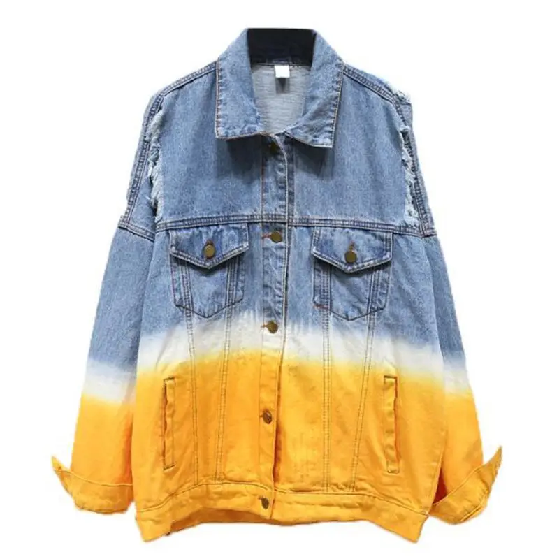 

New Arriver Denim Jacket Women 2019 Fashion Turn Down Collar Single Breasted Gradient Jacket Long Sleeve Jeans Coat
