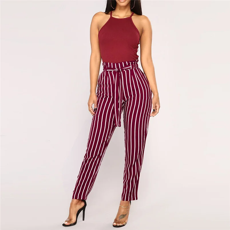 Women Pants 2018 Summer New High Waist Harem Pants Ladies Elegant Bowtie Elastic Waist Fashion Striped Casual Long Pants #J22 (22)