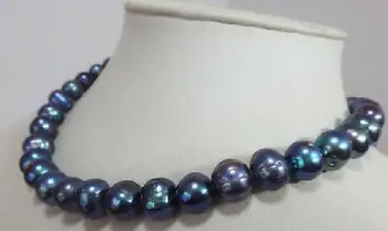 

Huge 18"10-11mm natural tahitian baroque black green pearl necklace 925silver