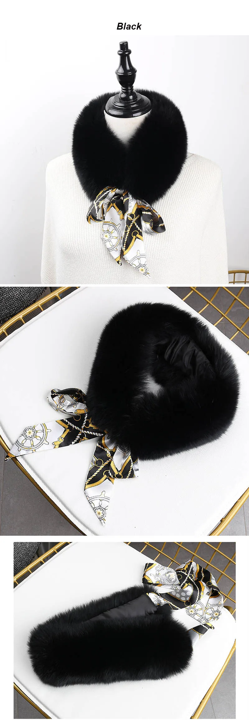 fox fur scarf with ribbon black