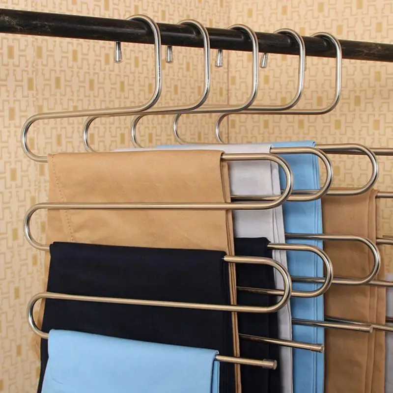 Нержавеющая сталь брюки вешалка многофункциональные штаны держатель для ремня в шкаф стойки s-типа 5 слоев экономии пространства