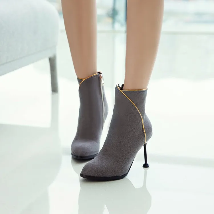 

Big Size 11 12 13 14 15 16 17 18 19 Fashion boots with pointed thin heel and side zipper, short gold-rimmed barrel and high heel