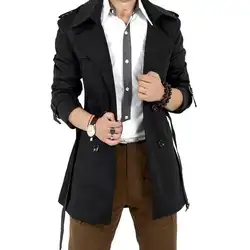 MISSKY Осенняя мужская ветровка длинная однотонная куртка с двубортными пуговицами с отворотом воротник пальто