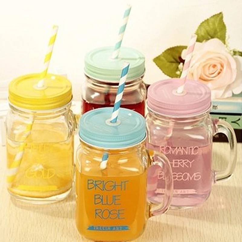 Vintage Straw Glass summer Fruit juice Icecream Clear cold drink bottles Water Bottle Glass Jar