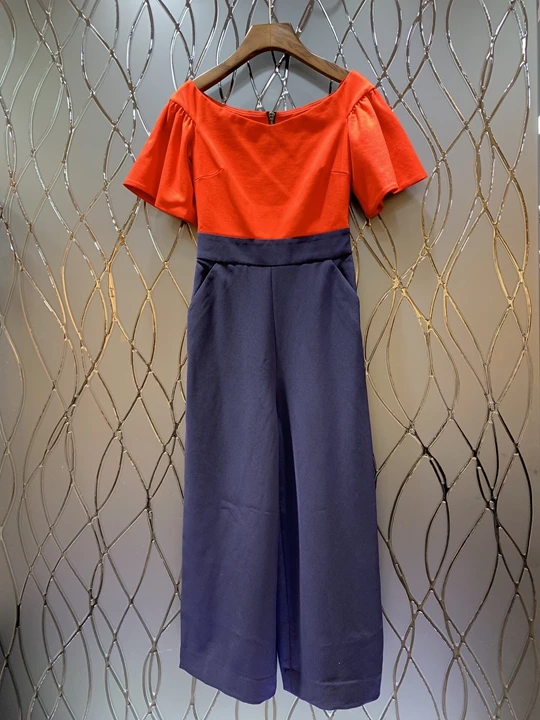 

2019 spring new women's short-sleeved street slim colorblock jumpsuit