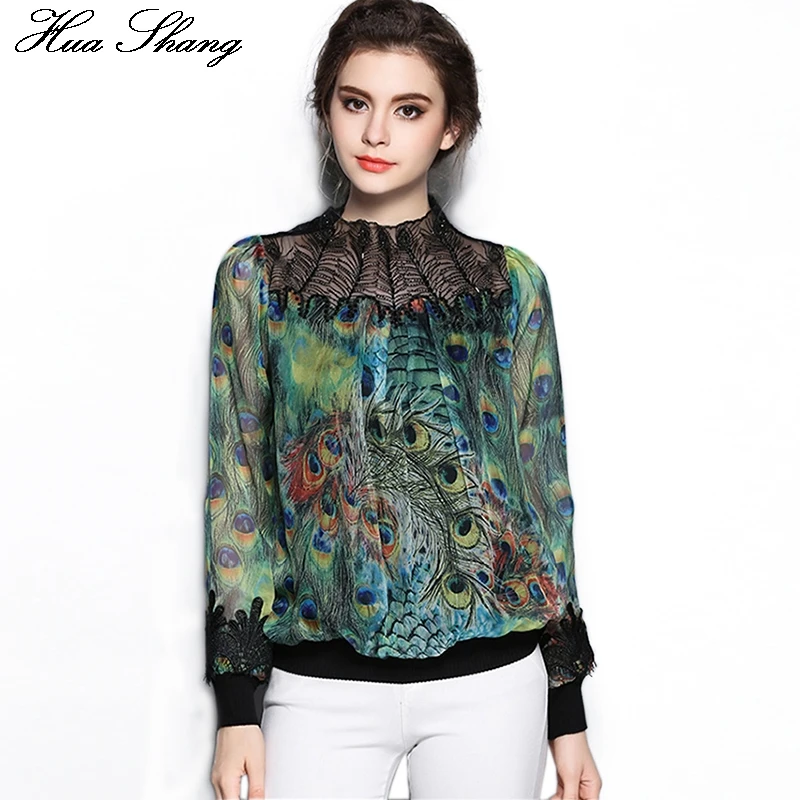 Prix Nouvelles Femmes De Mode Manches Longues Stand Perles Transparent Cou Dentelle Pathwork Paon Imprimer Soie Chemisier En Mousseline de Soie Chemises Femmes Tops