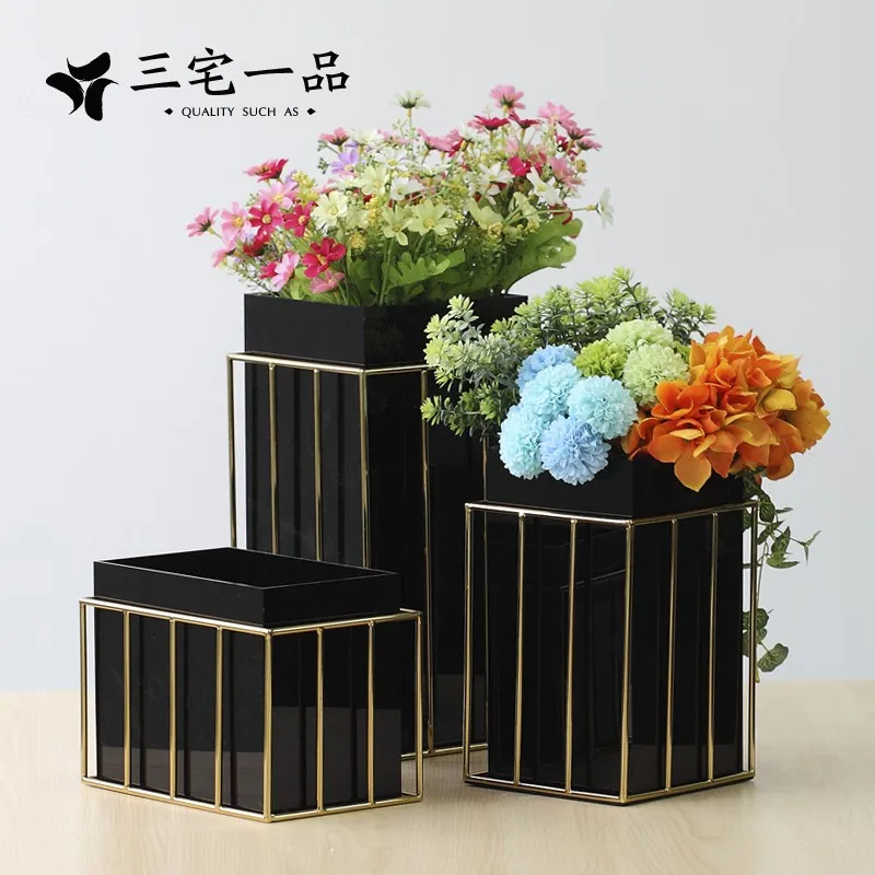 Minimalist Black Titanium Gold Border Acrylic Square Simple Geometry Modern Living Room Desktop Flower Vase | Дом и сад
