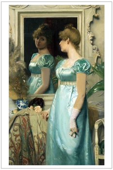 

Classical figurative painting canvas portrait poster beauty picture female portrait young girl in mirror modern home decor