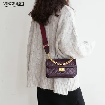 

VENOF Fashion chain handbag crossbody bags for Women diamond pattern split leather ladies wide straps shoulder Flap Bag for 2019