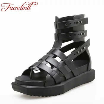 

rome style women sandals 2018 fashion flip flops real leather gladiator sandals women shoes black white platform zapatos mujer