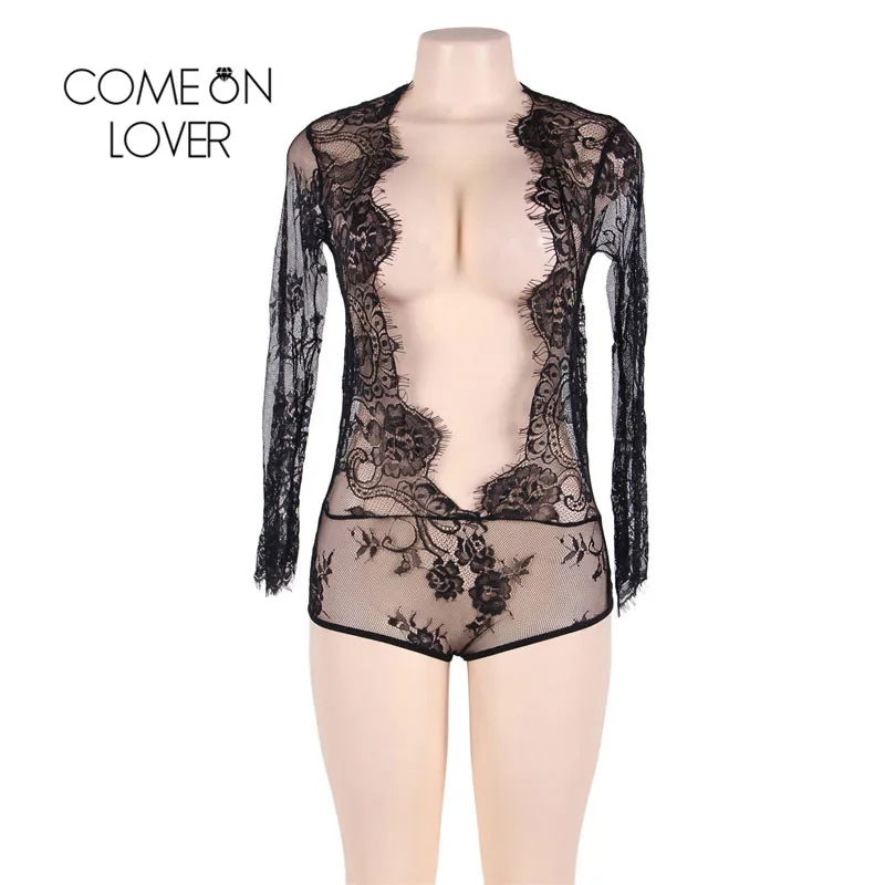 Женское Кружевное боди Comeonlover черное с длинным рукавом и глубоким треугольным
