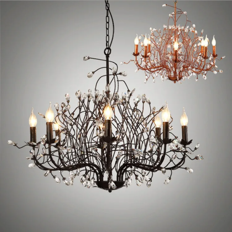 Rural crystal chandelier clothing shop living room lamp restaurant bedroom American branch iron art lamp 2017 suspension luminaria american rural vintage bedroom living room chandelier restaurant iron golden cloth lamp free shipping