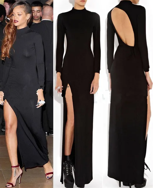 2017 Summer Hollywood Star Casual Long Split Dress Women Black Bare 2017 Summer Hollywood Star Casual Long Split Dress Women Black Bare Back