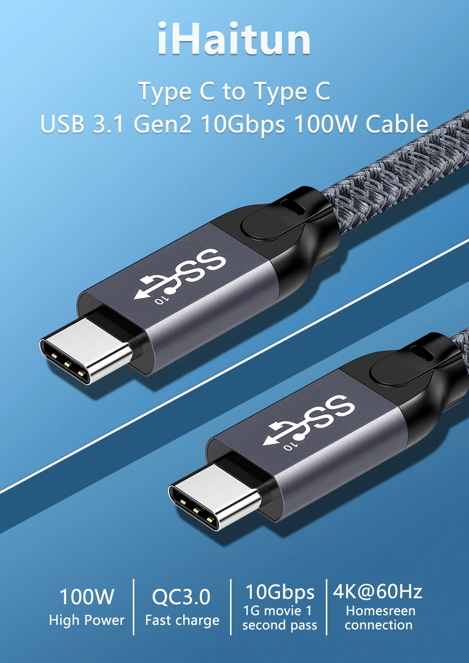 IHaitun роскошный 100 Вт usb type C для type C кабель 5A QC 3,0 4,0 USB 3,1 Gen2 10 Гбит/с быстрое зарядное устройство Быстрый 4K HD type-C PD кабель