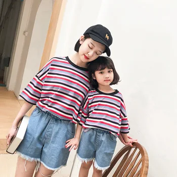 

Summer Stripe T-Shirt 100% Cotton Short Sleeve T Shirt Family Matching Outfits Dad Mom Daughter Son Tshirt Family Look Clothing