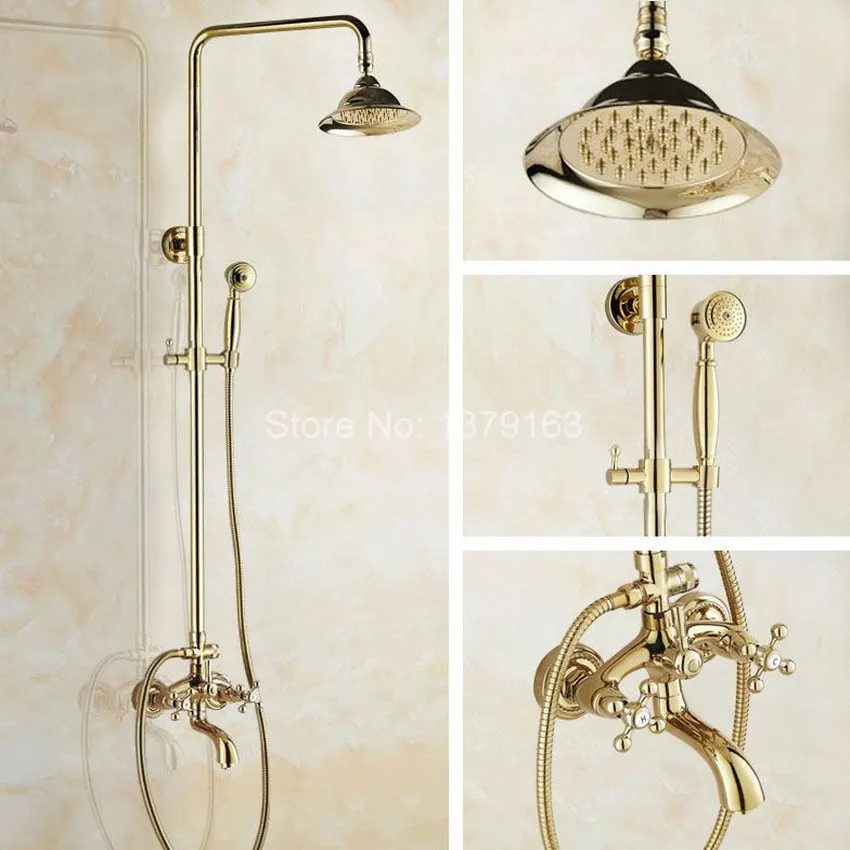 

Luxury Gold Color Brass Wall Mounted Rainfall Bathroom Rain Shower Faucet Set Double Cross Handles Bath Tub Mixer Tap agf447