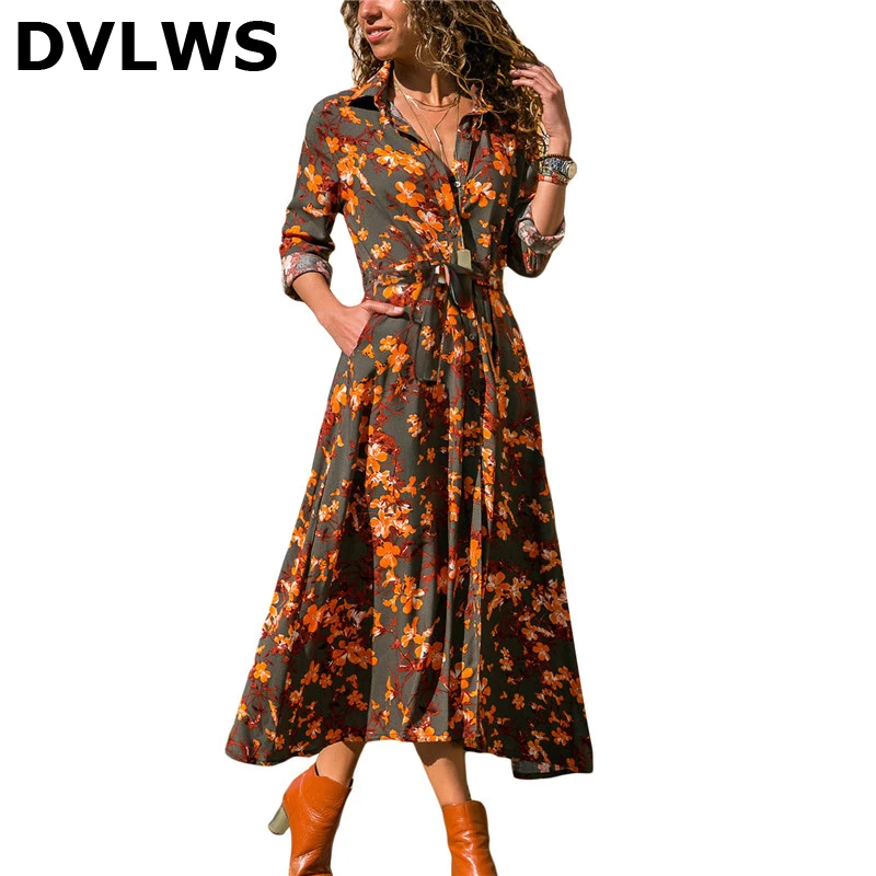 

Summer Long Dress Women Floral Print Boho Chiffon Dress Long Sleeve Turn Down Collar Shirt Dress Ladies Casual Dresses Vestidos