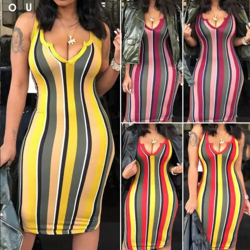 

Women's Bandage Bodycon V-neck Stripe Sleeveless Vest Evening Party Club Short Dress US