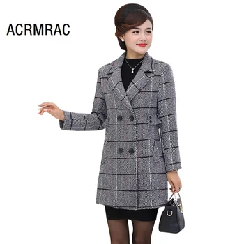 

Woman jacket Slim Woolen Spring and Autumn Coats thick Plaid long jacket Woman