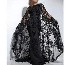 Vestido Elegante Abendkleider Mit Kap Spitze Appliques Perlen Bling Abendkleider Long Sleeve Crew Neck Prom Kleider 2016