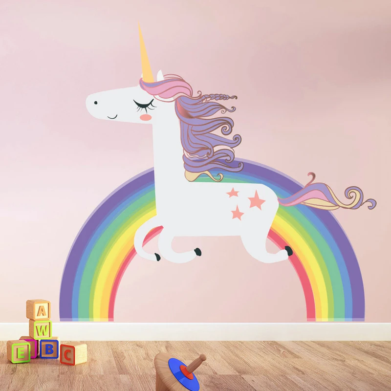 Волшебные единороги радужные цветные настенные наклейки Животные лошадь настенные наклейки со звездами для детской комнаты для девочек Diy плакат обои домашний декор