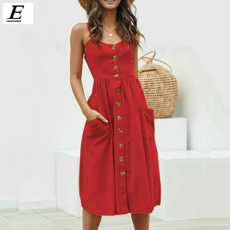 

Women Summer Dress 2019 Sexy Straps Bohemian Floral Tunic Beach Dress Sundress Pocket Red Dresses Female Vestidos