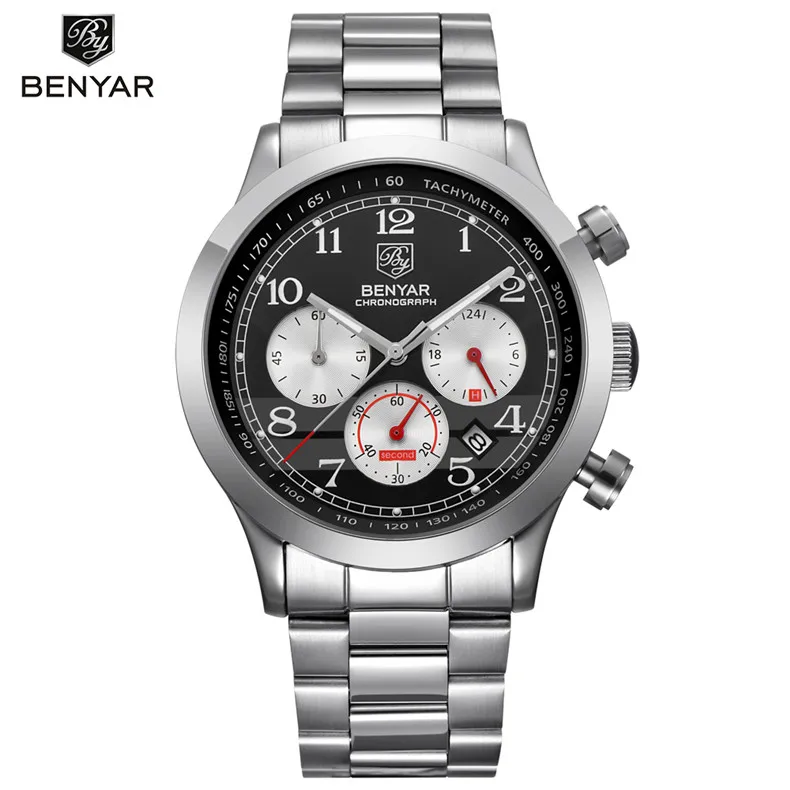 BENYAR Хронограф военные мужские часы лучший бренд класса люкс кварцевые часы водонепроницаемые кожаные спортивные кварцевые часы Beni 5107 - Цвет: Steel black red B