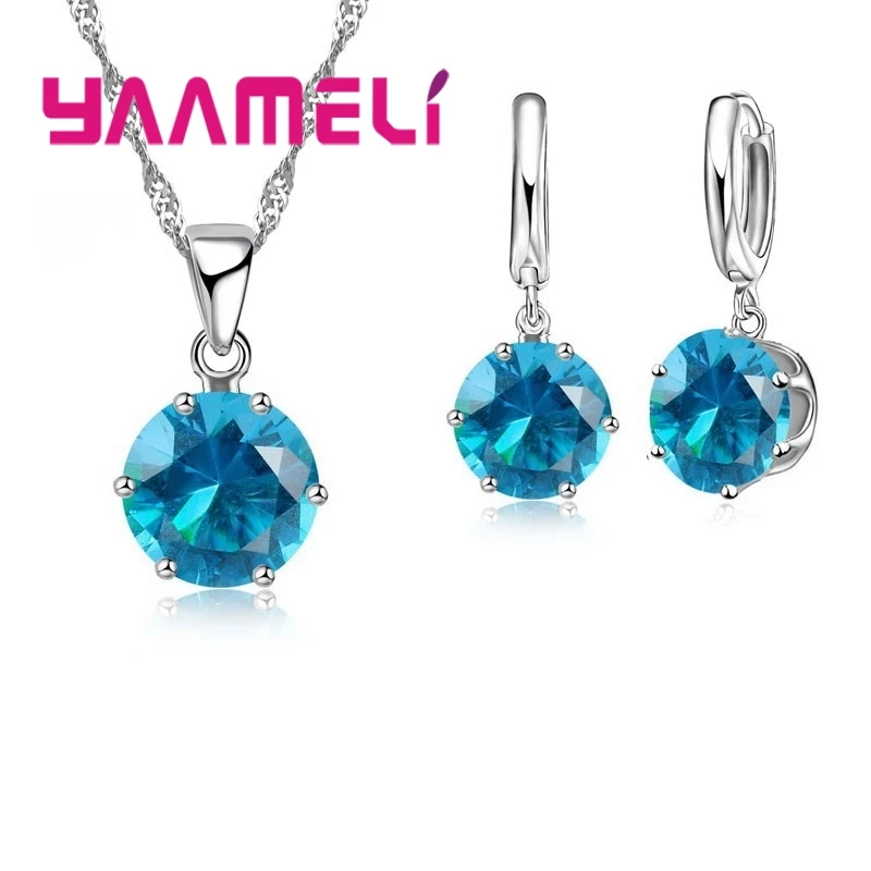 Высокое качество 925 пробы серебряные прозрачные круглые Кристаллы Ювелирные наборы ожерелье и набор серег вечерние для женщин Подарки - Окраска металла: LAKE BLUE