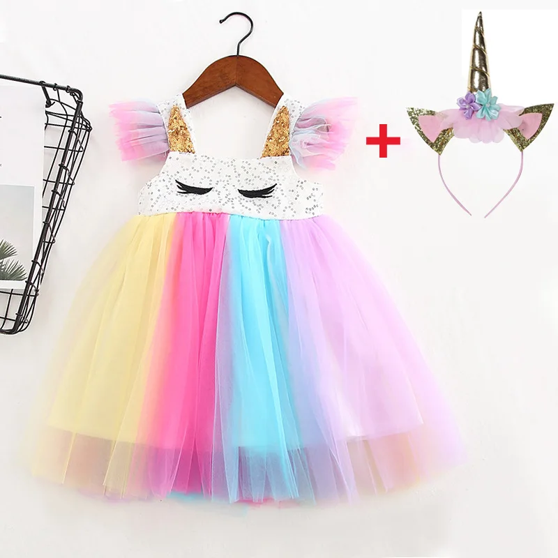 2019 летнее платье для маленьких девочек Infantil Vestidos Радуга блёстки Единорог