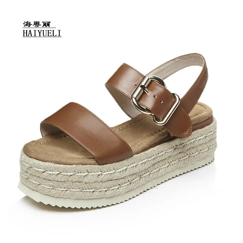 

Genuine Leather Pure Handmade Ladies High Heel Sandals,Summer Women's Open Toe Button Straw Braid Wedges Platform Beach Sandals