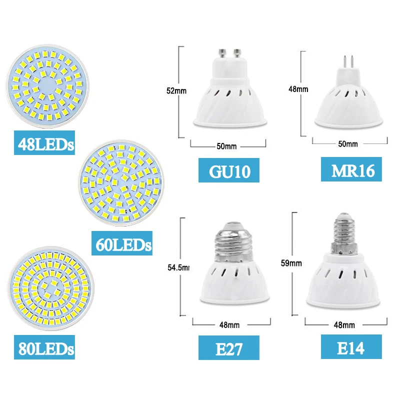10PCS/Lot Led Lamp E27 E14 GU10 MR16 Led Bulb 220V High Bright Bombillas Lampada LED SMD2835 48 60 80LEDs Lampara For Spotlight