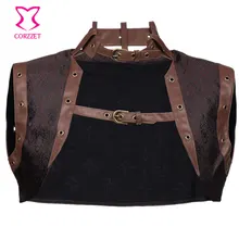 Sexy Sleevele Brown Brocade with Leather Collar Steampunk Jacket Women Bolero Gothic Clothing Halloween Corset Accessories