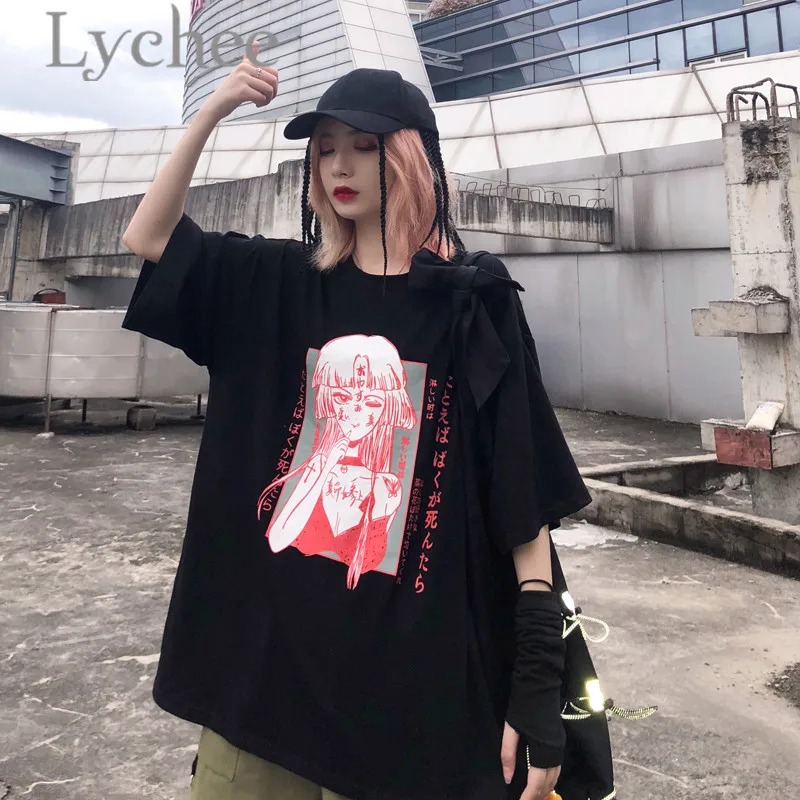 

Lychee Harajuku Japanese Dark Girl Print Female T Shirt Top Tees Short Sleeve Crew Neck Loose Summer Spring Women T Shirts