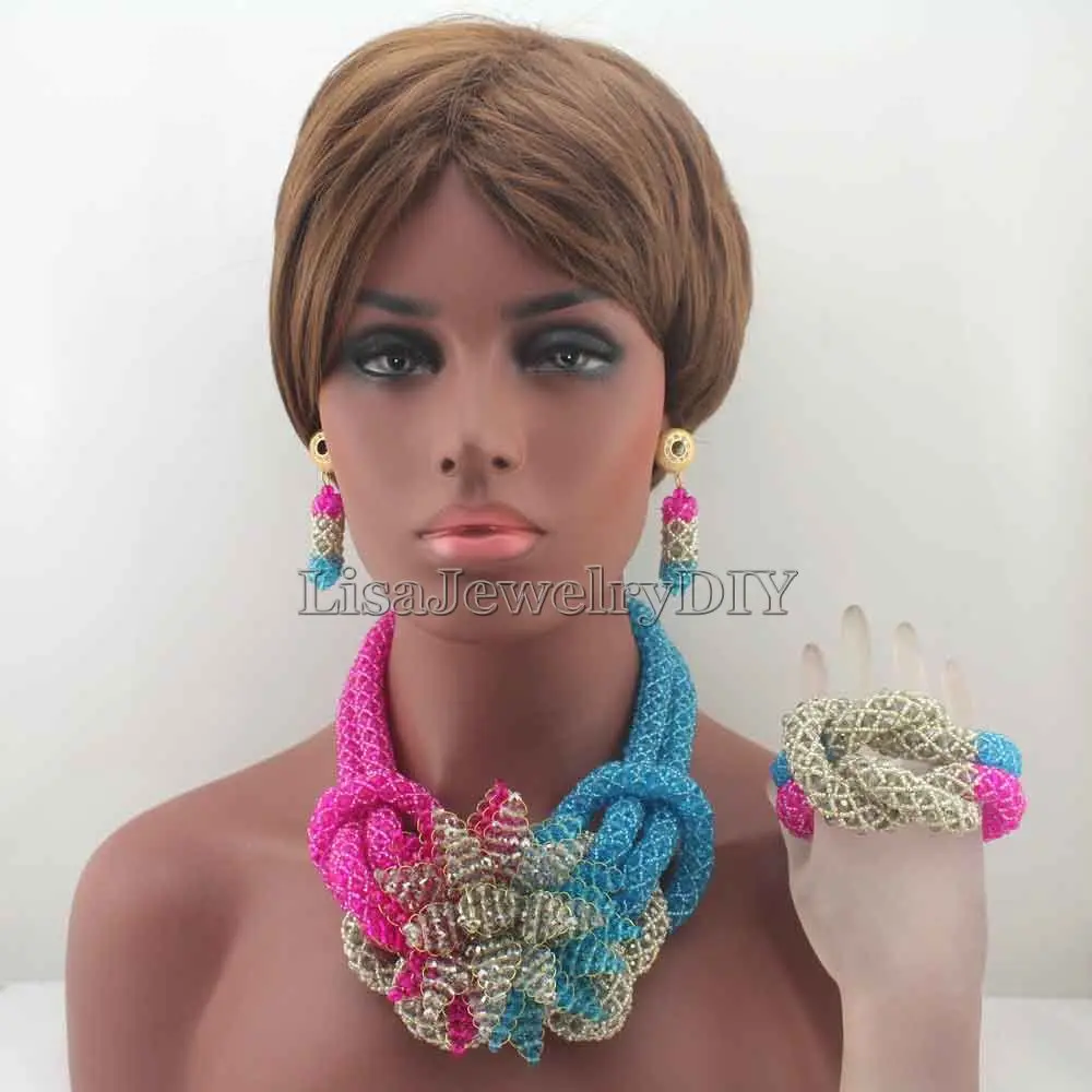 

2019 Hot Mix/Gray Plated Bridal Jewelry Set Chunky Nigerian Wedding African Beads Flower Indian Costume Free Shipping HD8217
