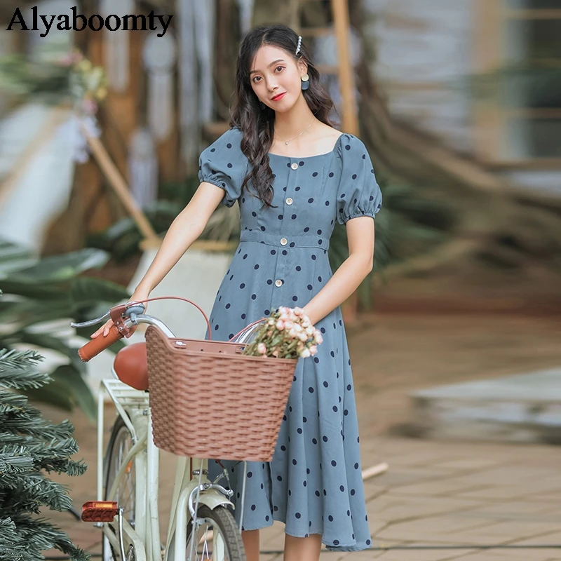 

2019 Summer Women Romantic Long Dress Mori Girl Polka Dot Buttons Mujer Vestidos Short Sleeve Elegant Chiffon Chic Ladies Dress