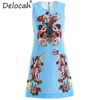 

Delocah 2019 Runway Fashion Summer Dresses Women's Sleeveless Gorgeous Beading Sequined Angel Print Elegant Casual Mini Dresses