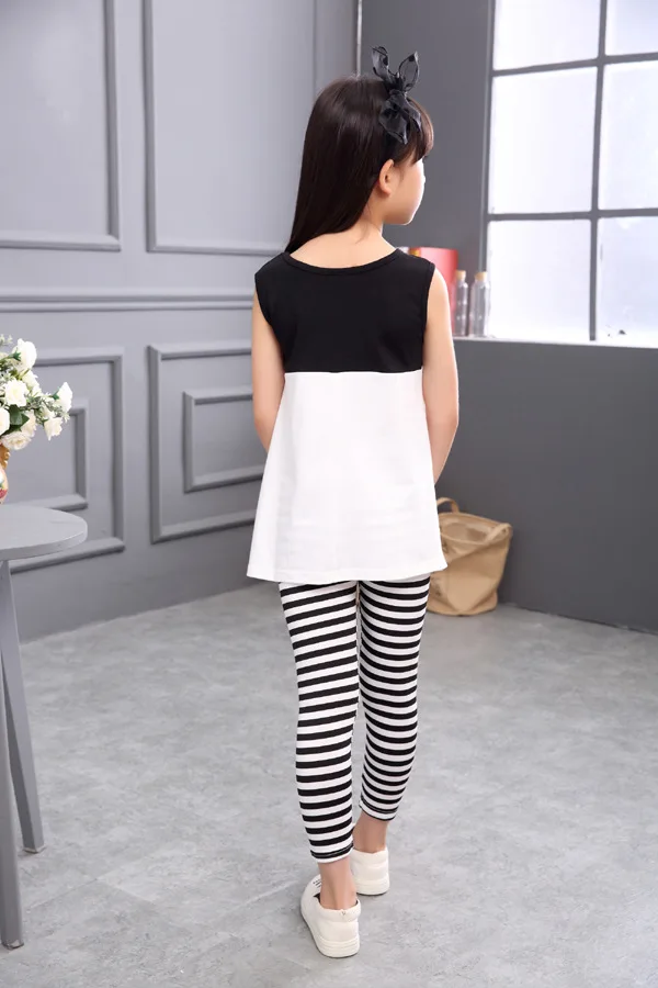 Yeedison 2018 Girls Clothes Set Summer Kids Cute Cartoon T-shirt Striped Pants Outfit Suit 2Pcs Sleeveless Children Clothing Set (2)