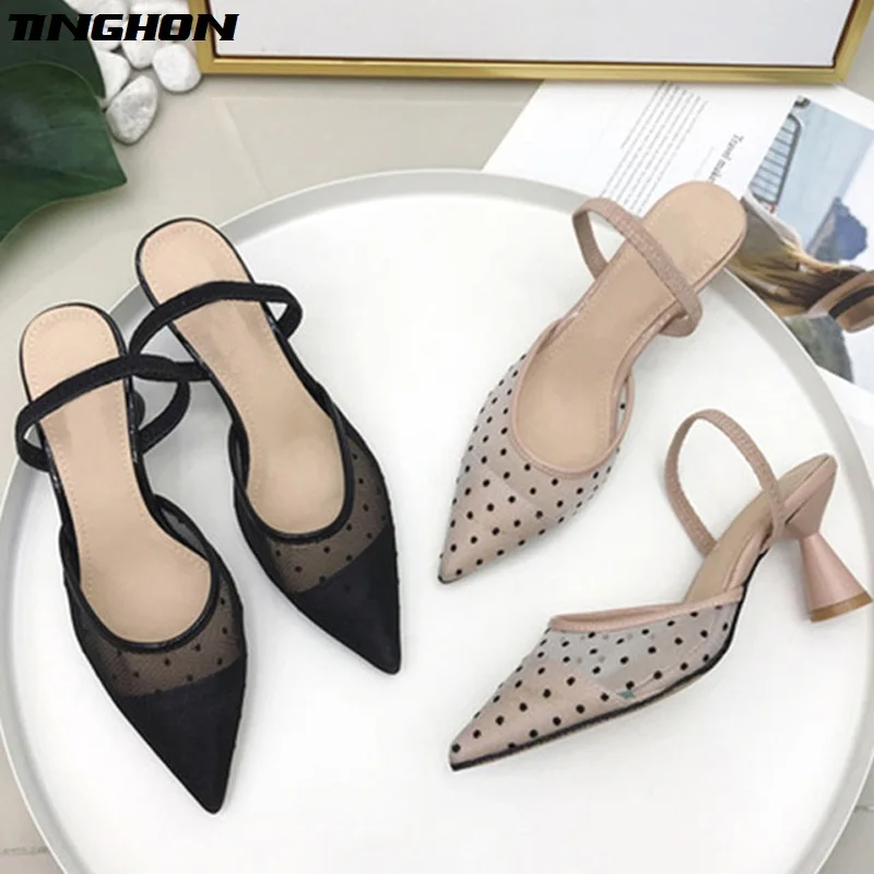 

TINGHON Polka Dot High Heel Women Sandals Pointed Toe Lace Mules Sandals Shoes Vintage Geometry Heel Women Sandals
