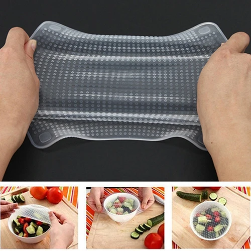 4 Pcs Clear Square Reusable Silicone Food Saran Wrap Seal Cover Kitchen