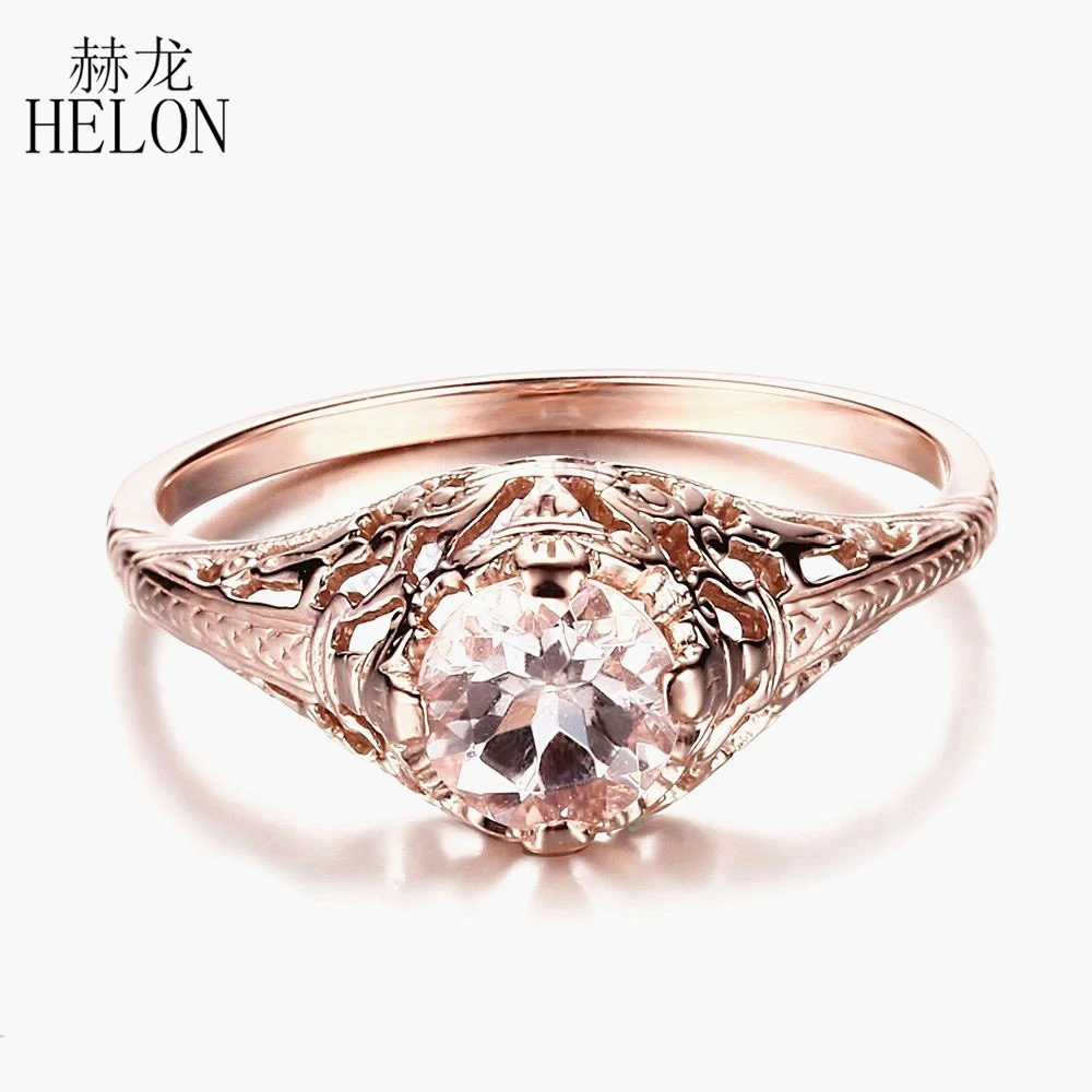 

HELON Solid 14K Rose Gold Round Flawless 0.61ct Genuine Morganite Engagement Ring For Women Vintage Solitaire Wedding Jewelry
