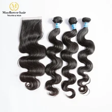 Virgin Closure Mayflower Malaysian with 4x4-Swiss Lace Mix-Length 12-26-Body-Wave 3/4-Bundles