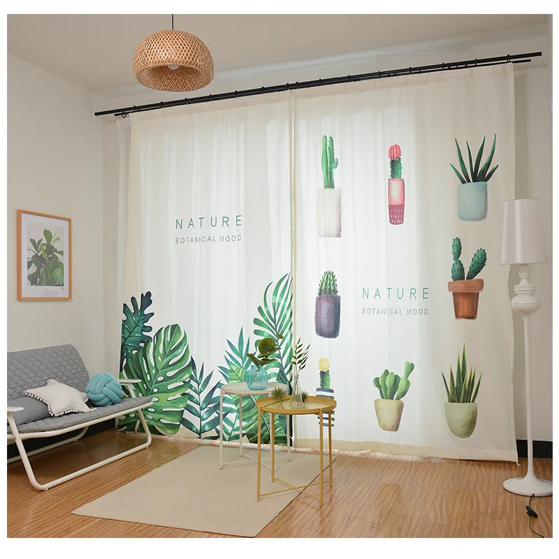 

Modern Simple Green Plant Print Curtains Shade Thermal Insulated Living Room Bedroom Blackout Leaves Cactus