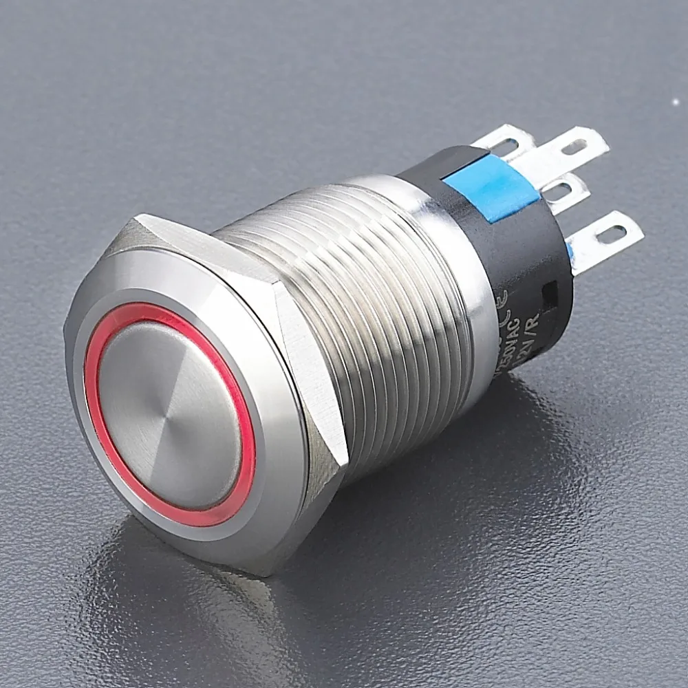 

Metal Push button switch, LED switch 19mm diameter ring illuminated 1NO1NC latching type