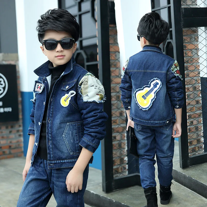 

2016 winter hot fashion children's winter suit boy thickening plus velvet guitar sticker denim two-piece