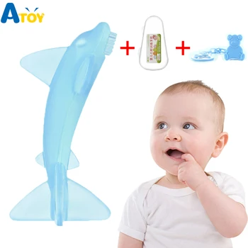 

Safe Baby Oral Care Silicone Teething Brush Baby Teether Teething Pendant Dolphin Teether with Storage Box Strap Teething Toys
