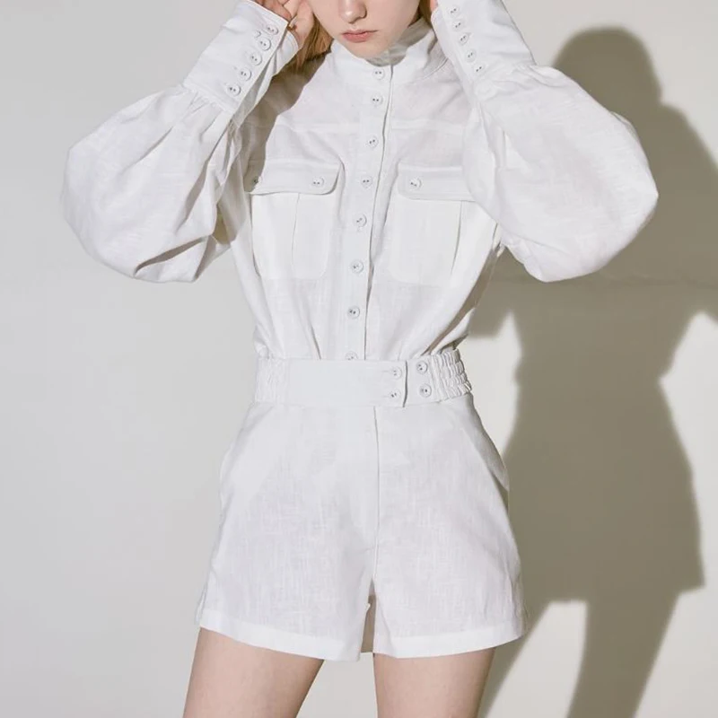 [LIVIVIO] белая рубашка шорты женские комплекты из двух предметов блузка с рукавом-фонариком женские шорты с высокой талией костюмы Осенняя модная одежда